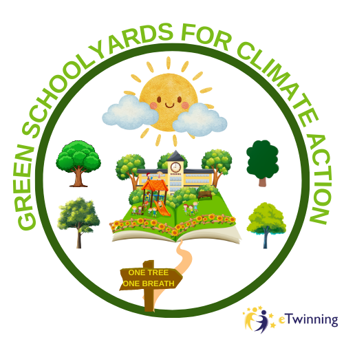 Illustration of a greener schoolyard with cooling shade, planting and student climate action