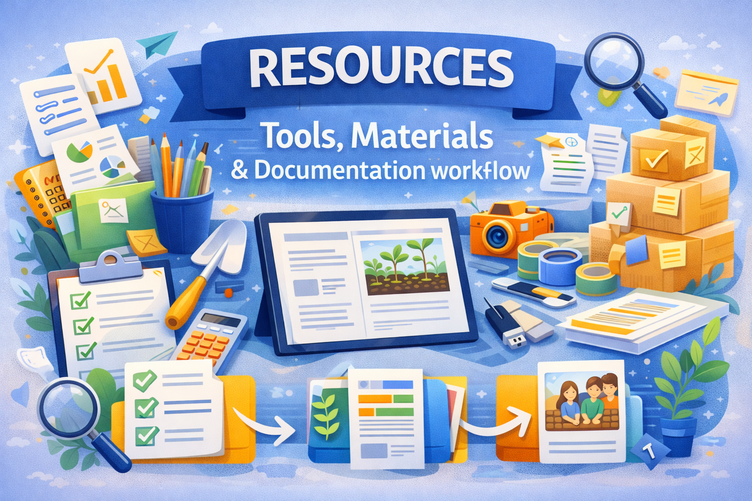 Resources banner with tools, materials and documentation workflow